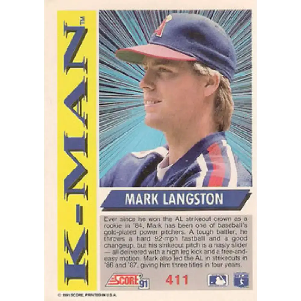 1991 Score #411 Mark Langston NM-MT California Angels Baseball Card - Baseball Card Single