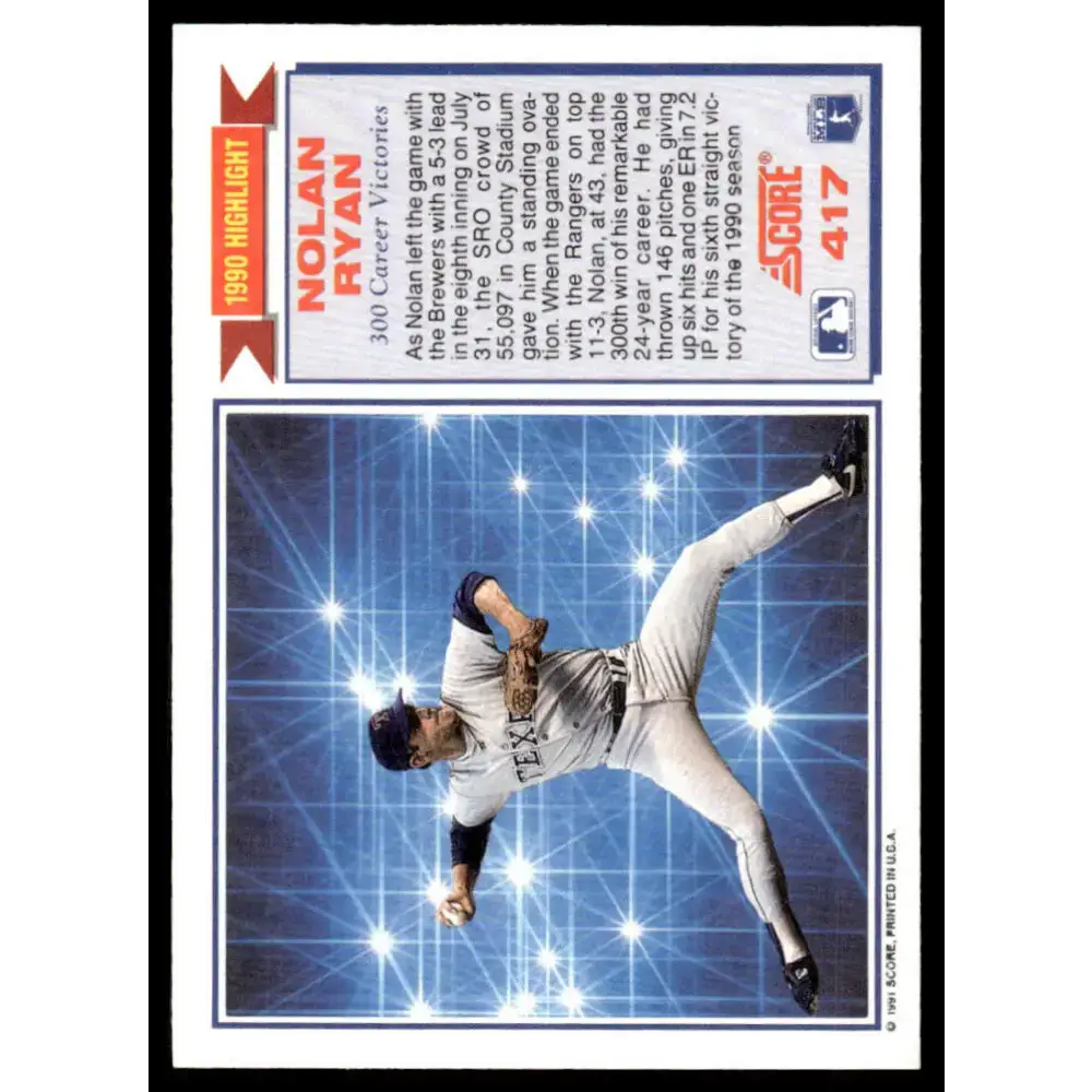 1991 Score #417 Nolan Ryan EX/NM Texas Rangers Baseball Card - Baseball Card Single