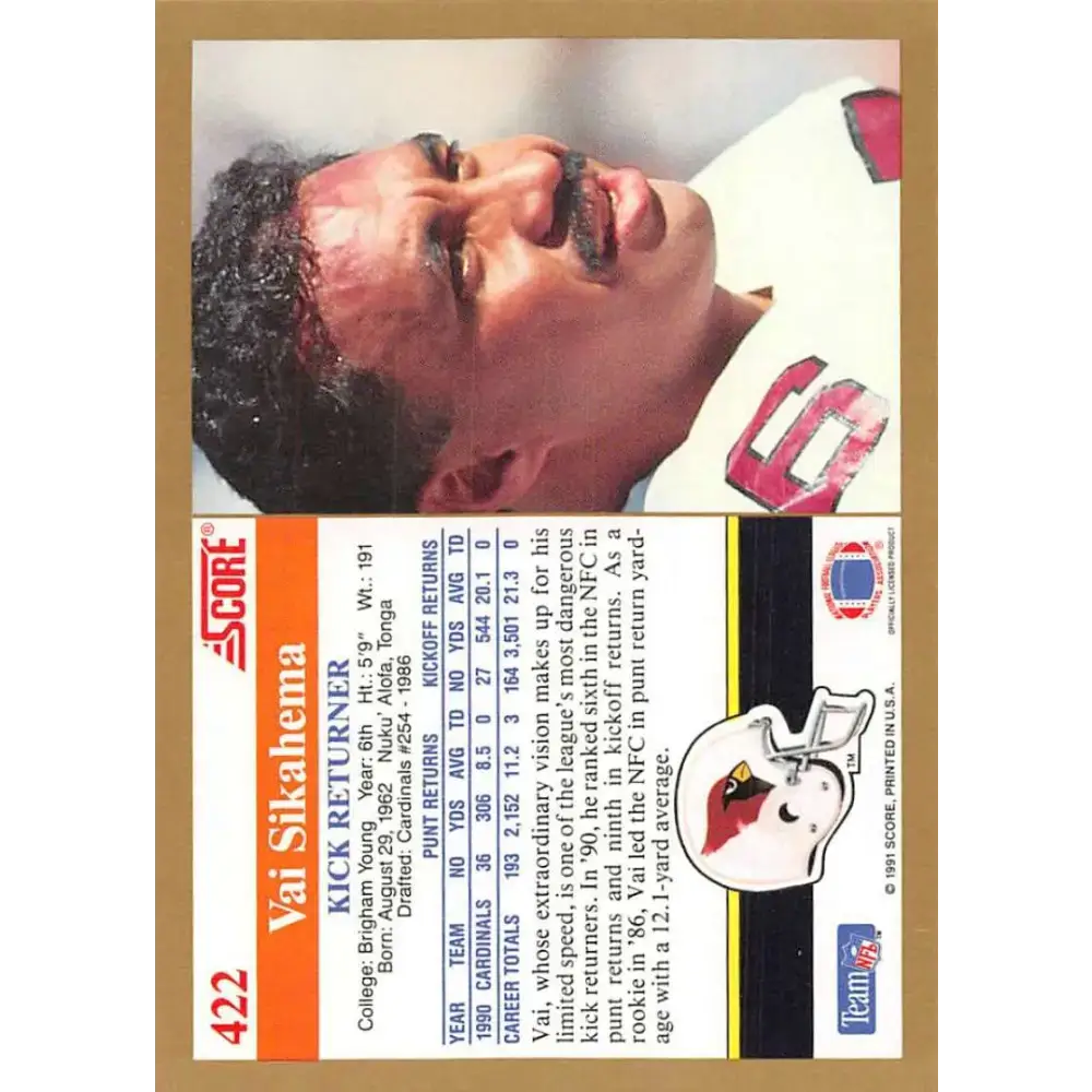 1991 Score #422 Vai Sikahema EX Excellent Phoenix Cardinals Football Card - Football Card Single