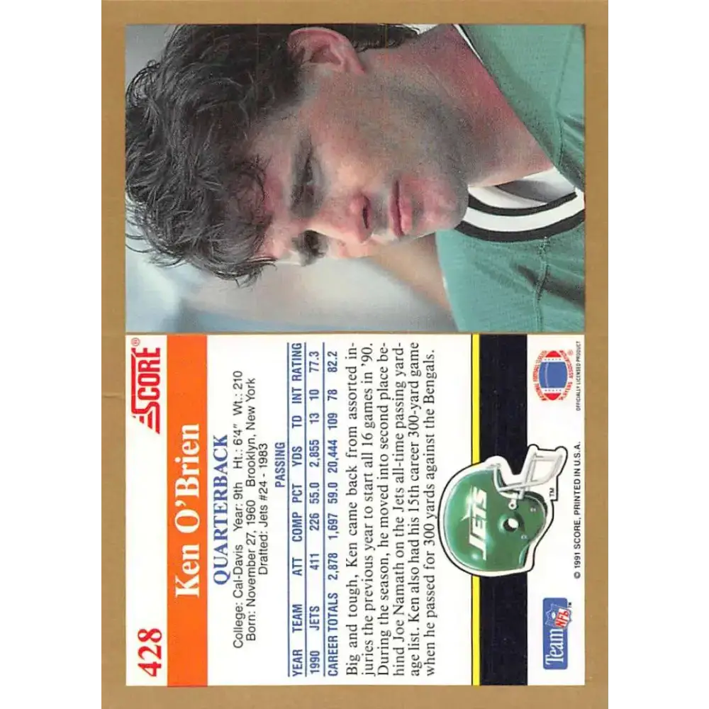 1991 Score #428 Ken O’Brien EX Excellent New York Jets Football Card - Football Card Single