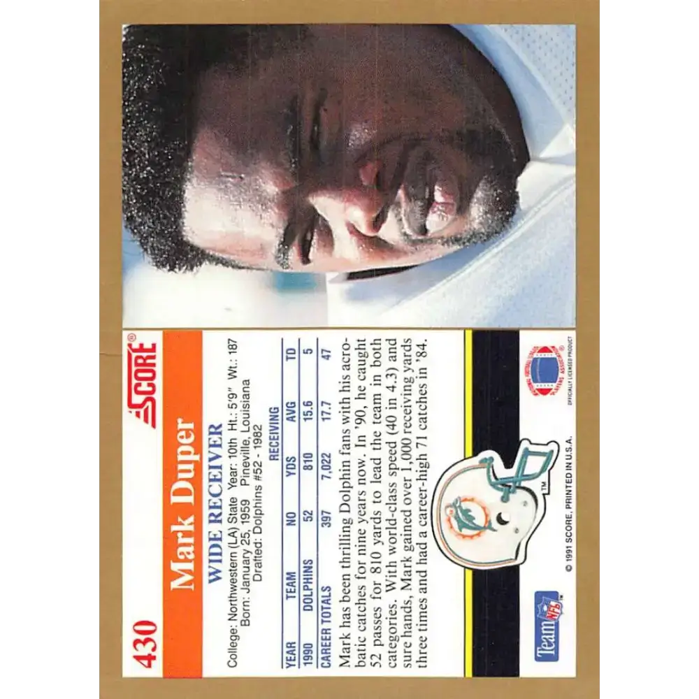 1991 Score #430 Mark Duper EX Excellent Miami Dolphins Football Card - Football Card Single