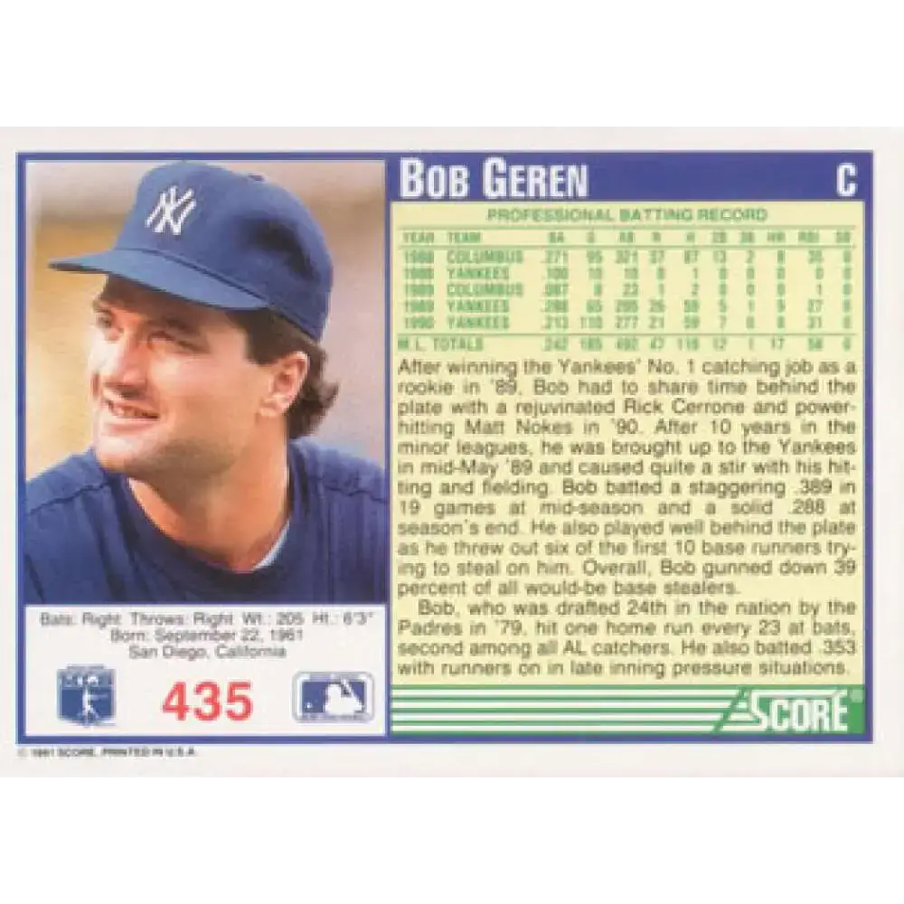 1991 Score #435 Bob Geren NM-MT New York Yankees Baseball Card - Baseball Card Single