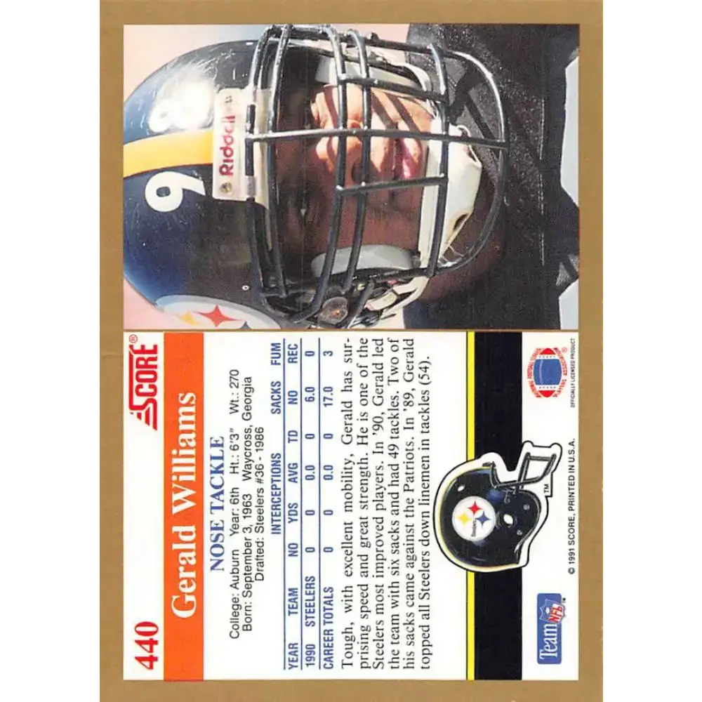 1991 Score #440 Gerald Williams EX Excellent Pittsburgh Steelers Football Card - Football Card Single