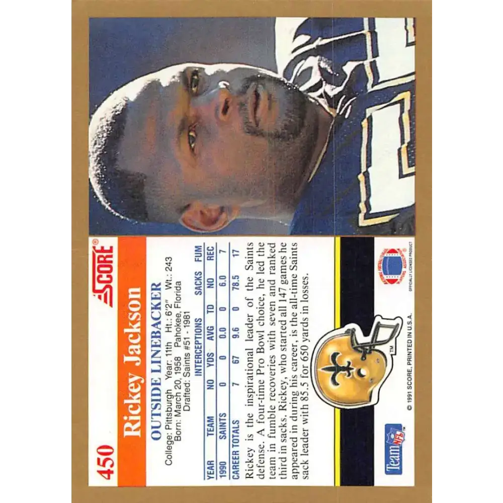 1991 Score #450 Rickey Jackson EX Excellent New Orleans Saints Football Card - Football Card Single