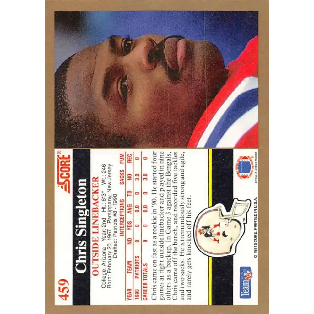 1991 Score #459 Chris Singleton EX Excellent New England Patriots Football Card - Football Card Single