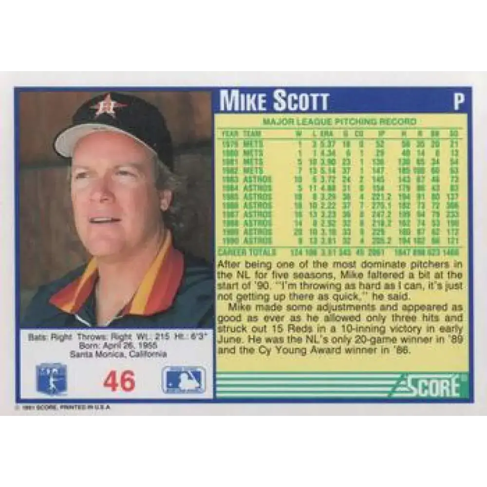 1991 Score #46 Mike Scott UER NM-MT Houston Astros Baseball Card - Baseball Card Single