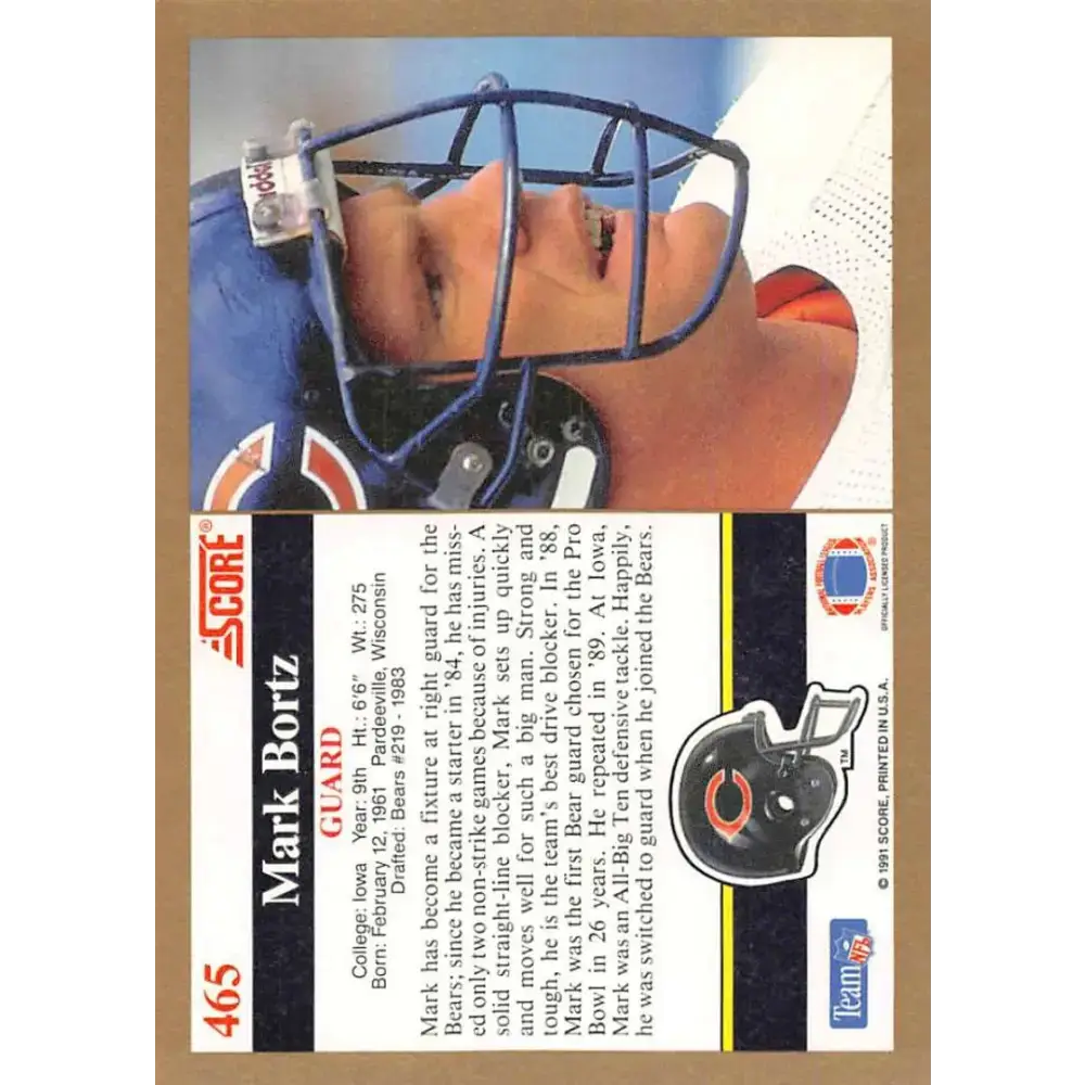 1991 Score #465 Mark Bortz EX Excellent Chicago Bears Football Card - Football Card Single