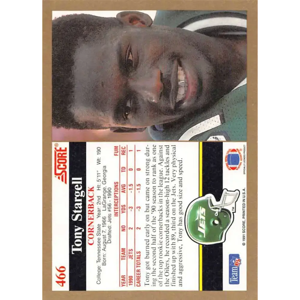 1991 Score #466 Tony Stargell EX Excellent New York Jets Football Card - Football Card Single