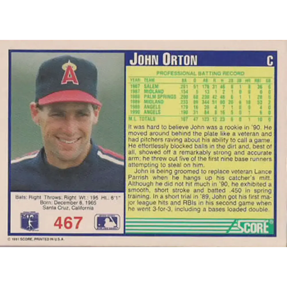 1991 Score #467 John Orton NM-MT California Angels Baseball Card - Baseball Card Single