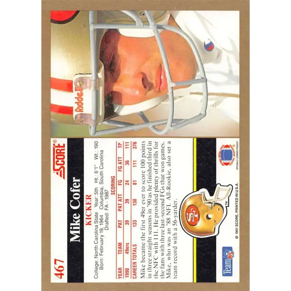 1991 Score #467 Mike Cofer EX Excellent San Francisco 49ers Football Card - Football Card Single