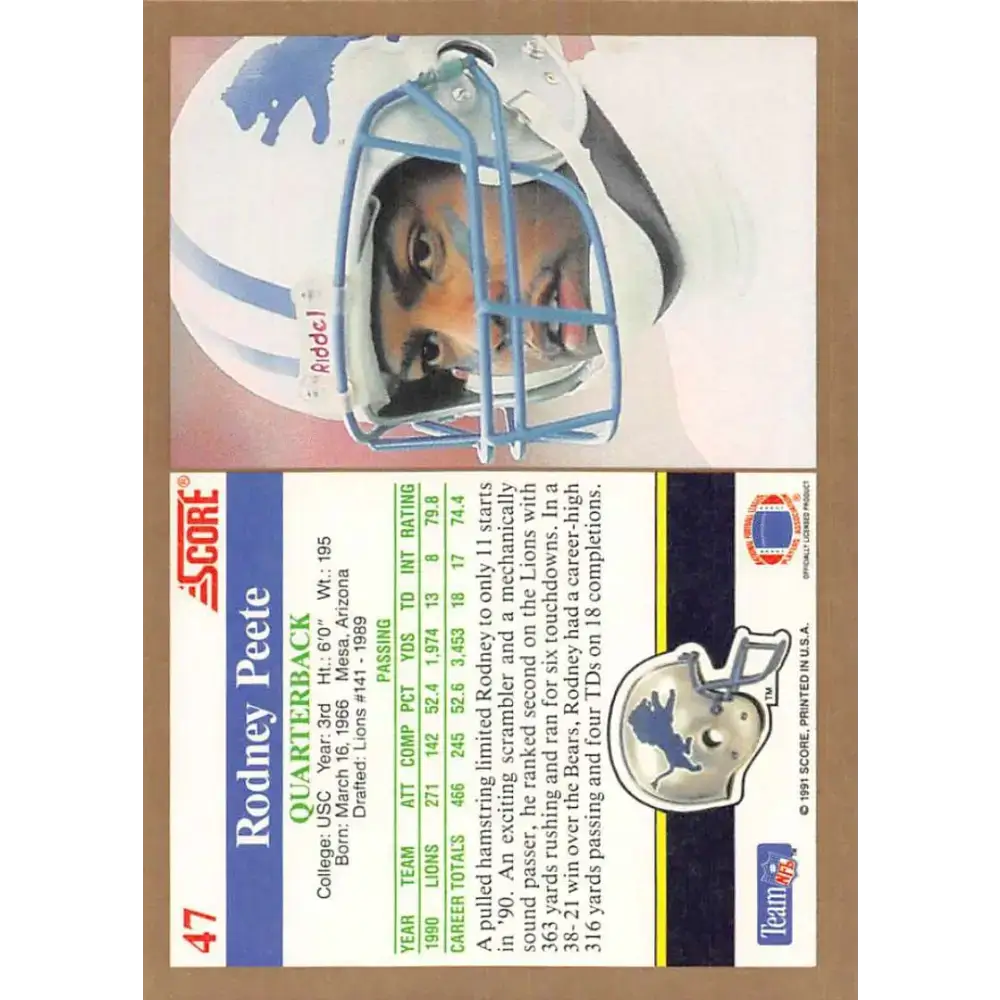 1991 Score #47 Rodney Peete EX Excellent Detroit Lions Football Card - Football Card Single
