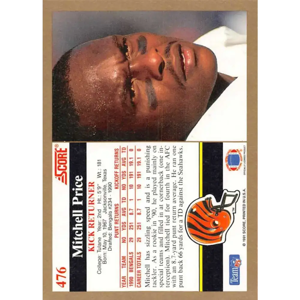 1991 Score #476 Mitchell Price EX Excellent RC Rookie Cincinnati Bengals Football Card - Football Card Single