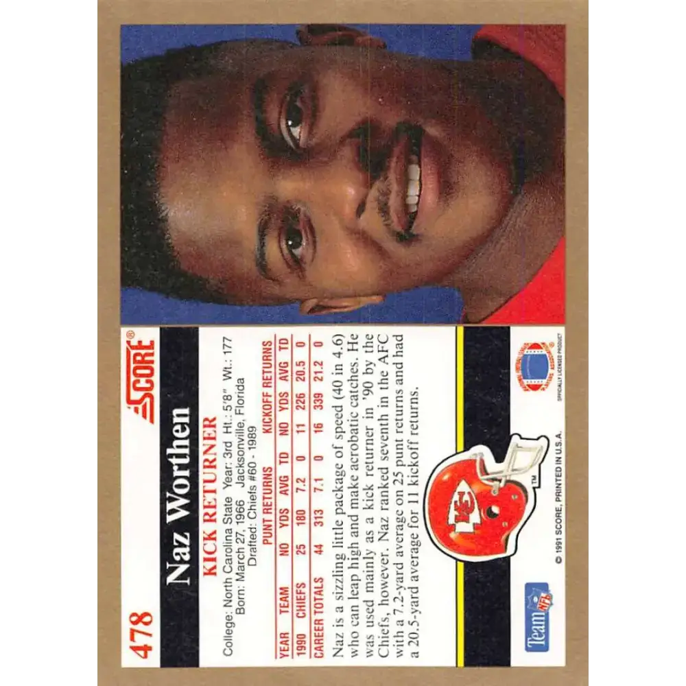 1991 Score #478 Naz Worthen EX Excellent Kansas City Chiefs Football Card