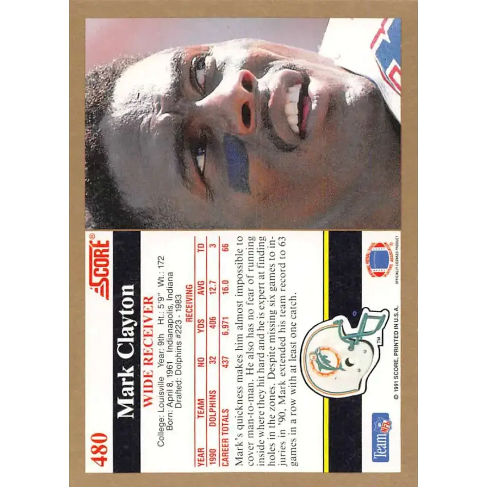1991 Score #480 Mark Clayton EX Excellent Miami Dolphins Football Card - Football Card Single