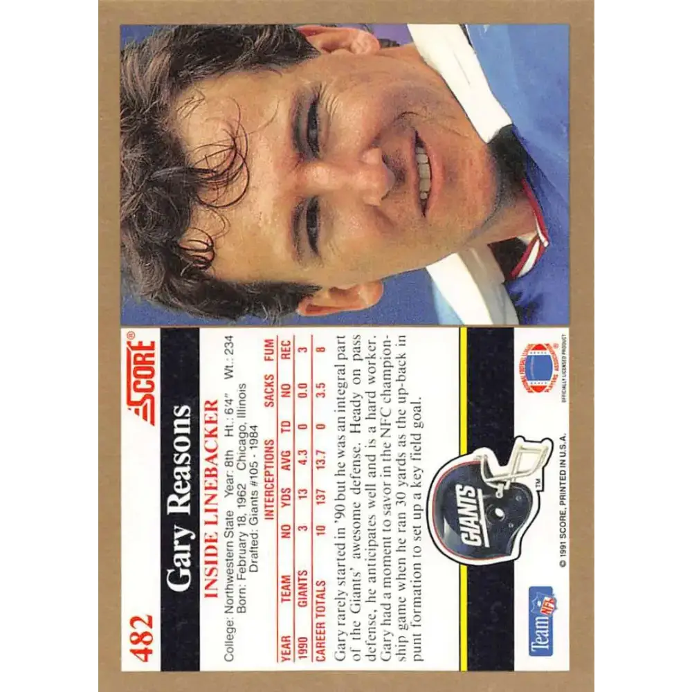 1991 Score #482 Gary Reasons EX Excellent New York Giants Football Card - Football Card Single