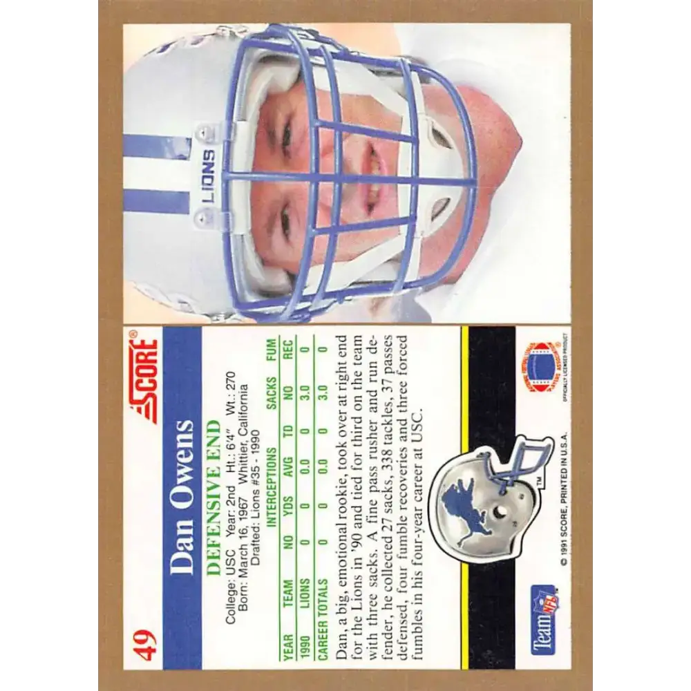 1991 Score #49 Dan Owens EX Excellent Detroit Lions Football Card - Football Card Single