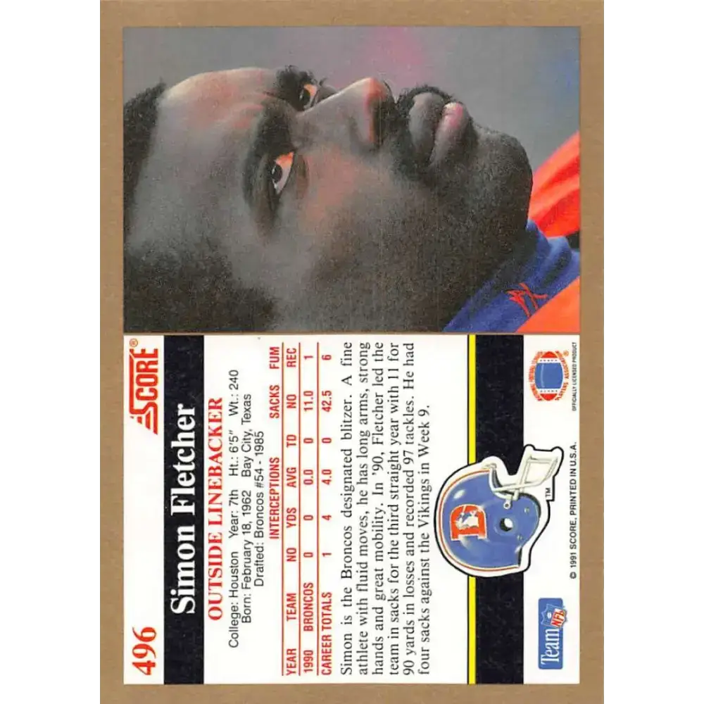 1991 Score #496 Simon Fletcher EX Excellent Denver Broncos Football Card - Football Card Single
