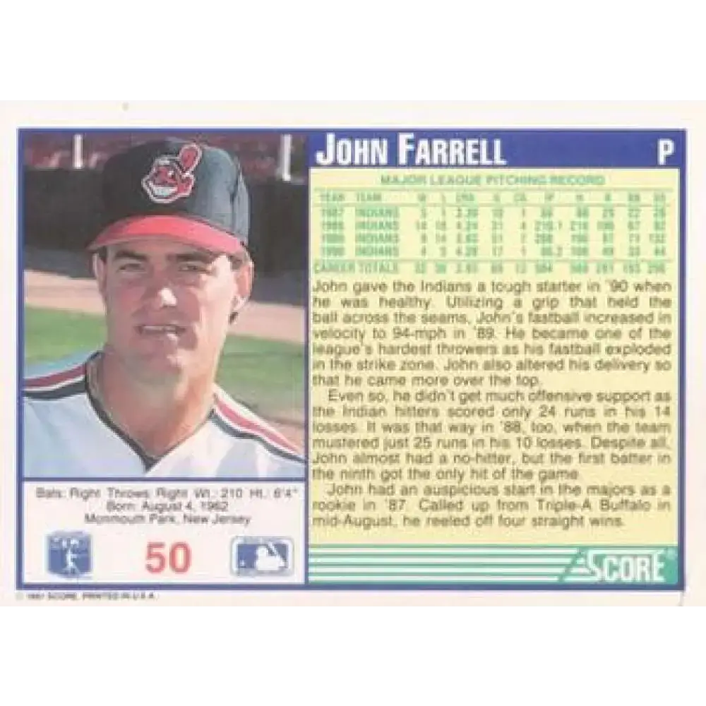 1991 Score #50 John Farrell NM-MT Cleveland Indians Baseball Card - Baseball Card Single