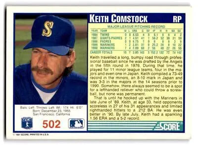 1991 Score #502 Keith Comstock baseball card for baseball card collectors and trading cards