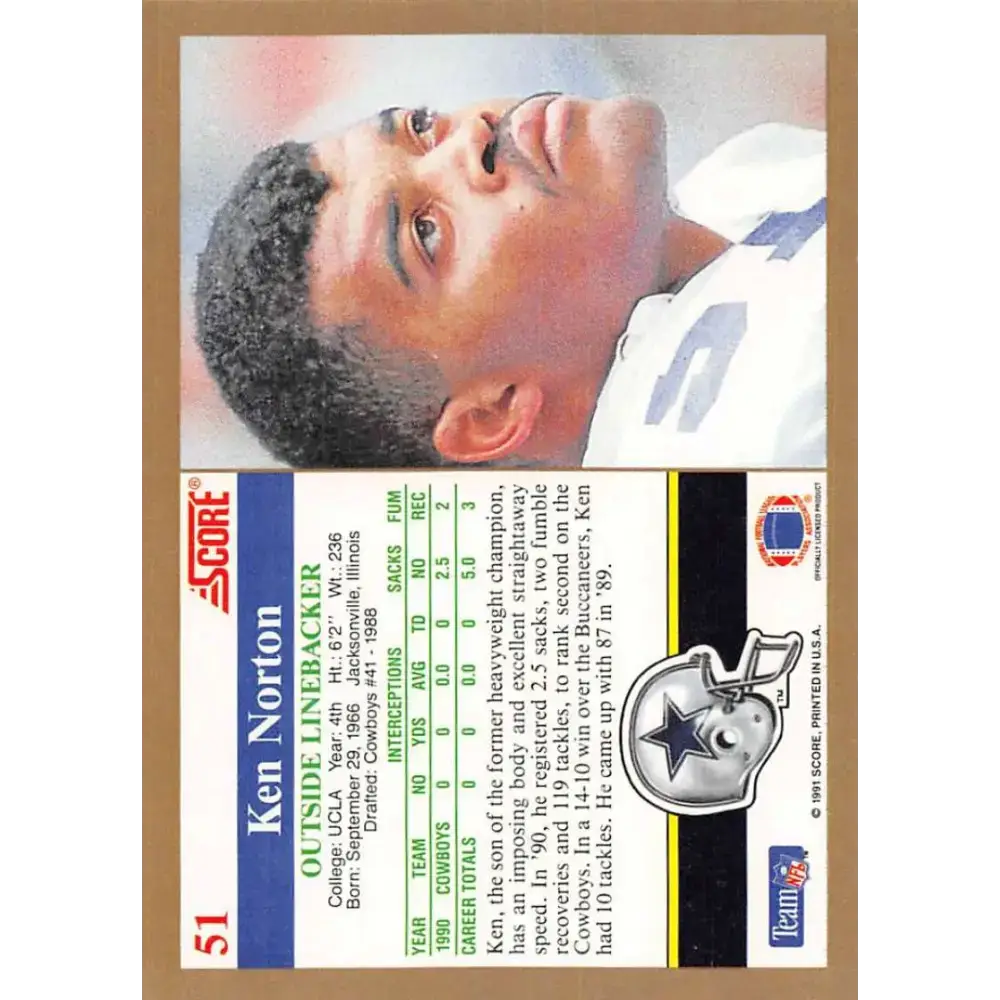 1991 Score #51 Ken Norton EX Excellent Dallas Cowboys Football Card - Football Card Single