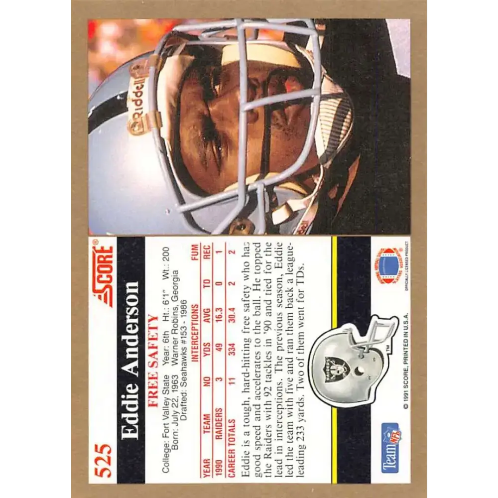 1991 Score #525 Eddie Anderson EX Excellent Los Angeles Raiders Football Card - Football Card Single