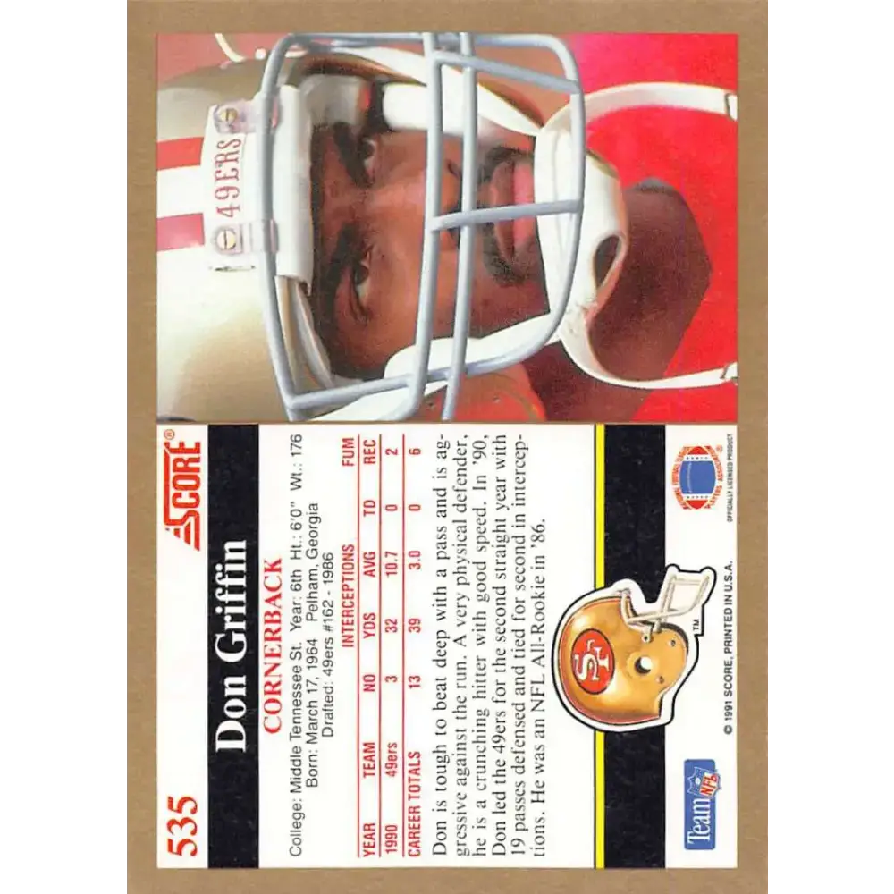 1991 Score #535 Don Griffin EX Excellent San Francisco 49ers Football Card - Football Card Single