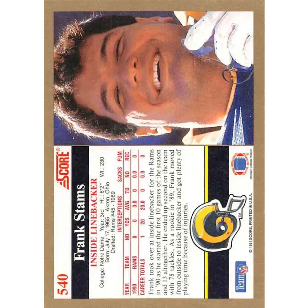 1991 Score #540 Frank Stams EX Excellent Los Angeles Rams Football Card - Football Card Single