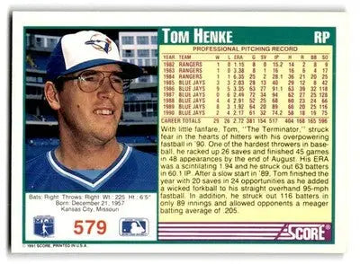 1991 Score #579 Tom Henke - Baseball Card Single
