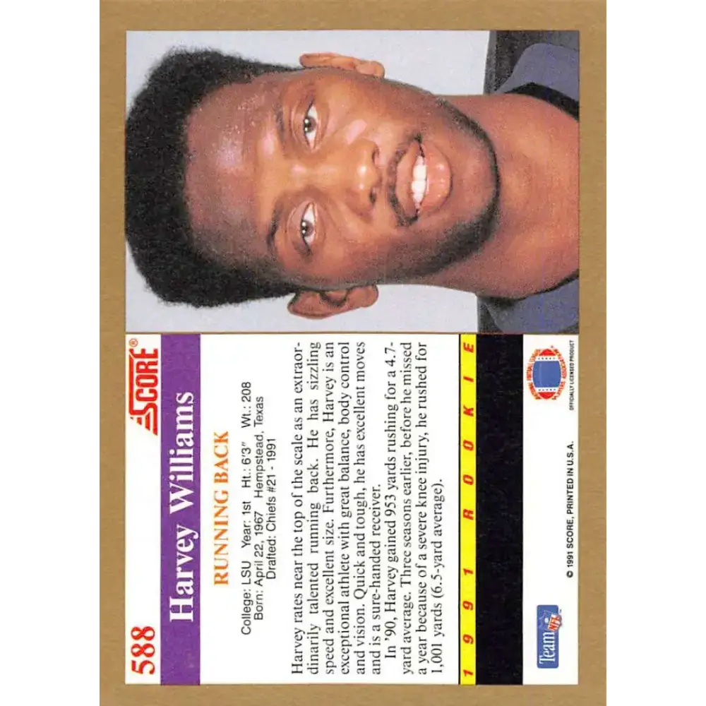 1991 Score #588 Harvey Williams EX Excellent RC Rookie LSU Tigers Football Card - Football Card Single