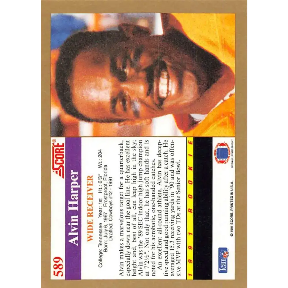 1991 Score #589 Alvin Harper EX Excellent RC Rookie Tennessee Volunteers Football Card - Football Card Single