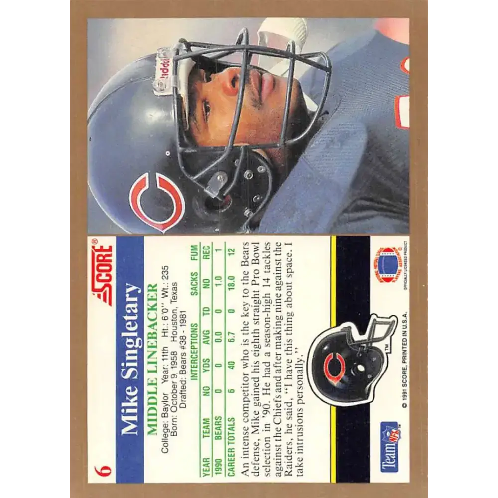 1991 Score #6 Mike Singletary EX Excellent Chicago Bears Football Card - Football Card Single