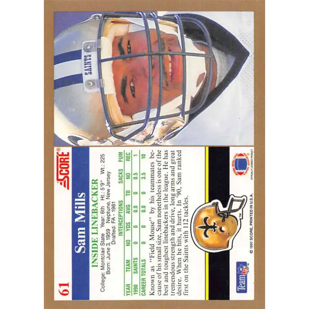1991 Score #61 Sam Mills EX Excellent New Orleans Saints Football Card - Football Card Single