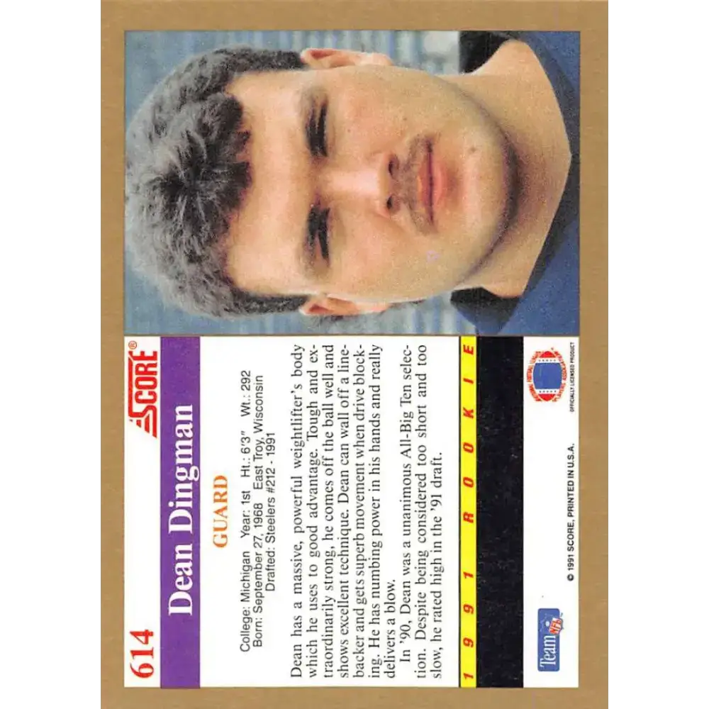 1991 Score #614 Dean Dingman EX Excellent RC Rookie Michigan Wolverines Football Card - Football Card Single