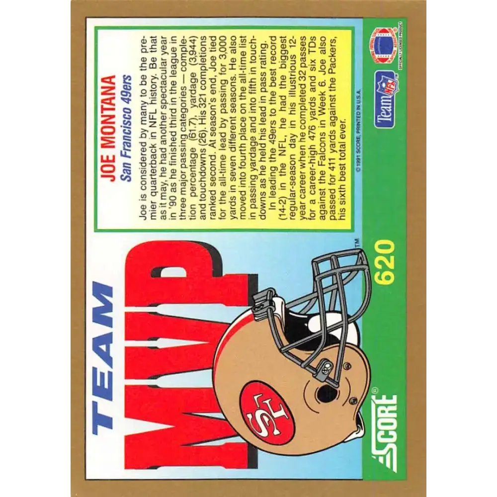 1991 Score #620 Joe Montana EX Excellent San Francisco 49ers Football Card - Football Card Single