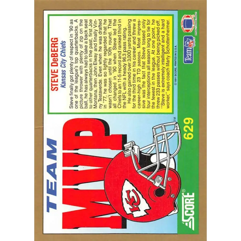1991 Score #629 Steve DeBerg EX Excellent Kansas City Chiefs Football Card - Football Card Single