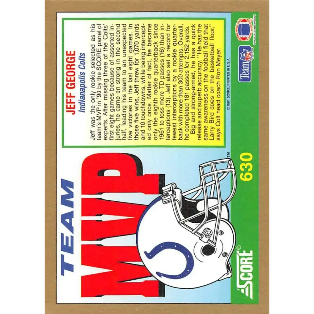 1991 Score #630 Jeff George EX Excellent Indianapolis Colts Football Card - Football Card Single