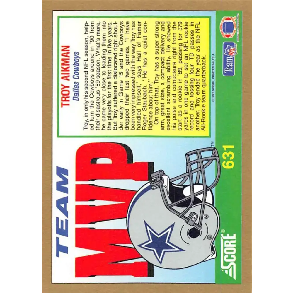 1991 Score #631 Troy Aikman EX Excellent Dallas Cowboys Football Card - Football Card Single