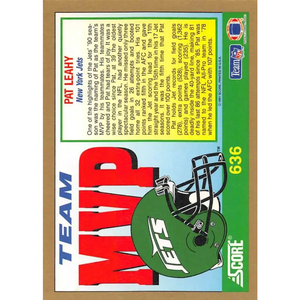 1991 Score #636 Pat Leahy EX Excellent New York Jets Football Card - Football Card Single