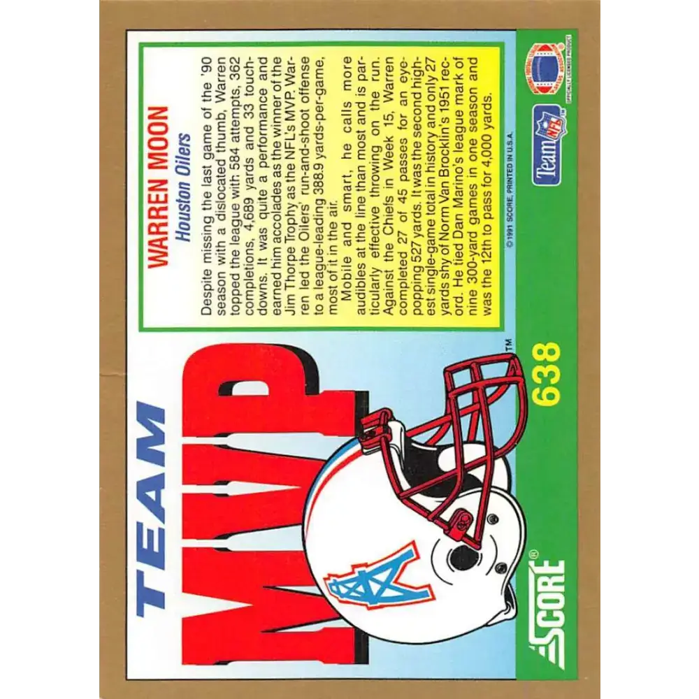 1991 Score #638 Warren Moon EX Excellent Houston Oilers Football Card - Football Card Single