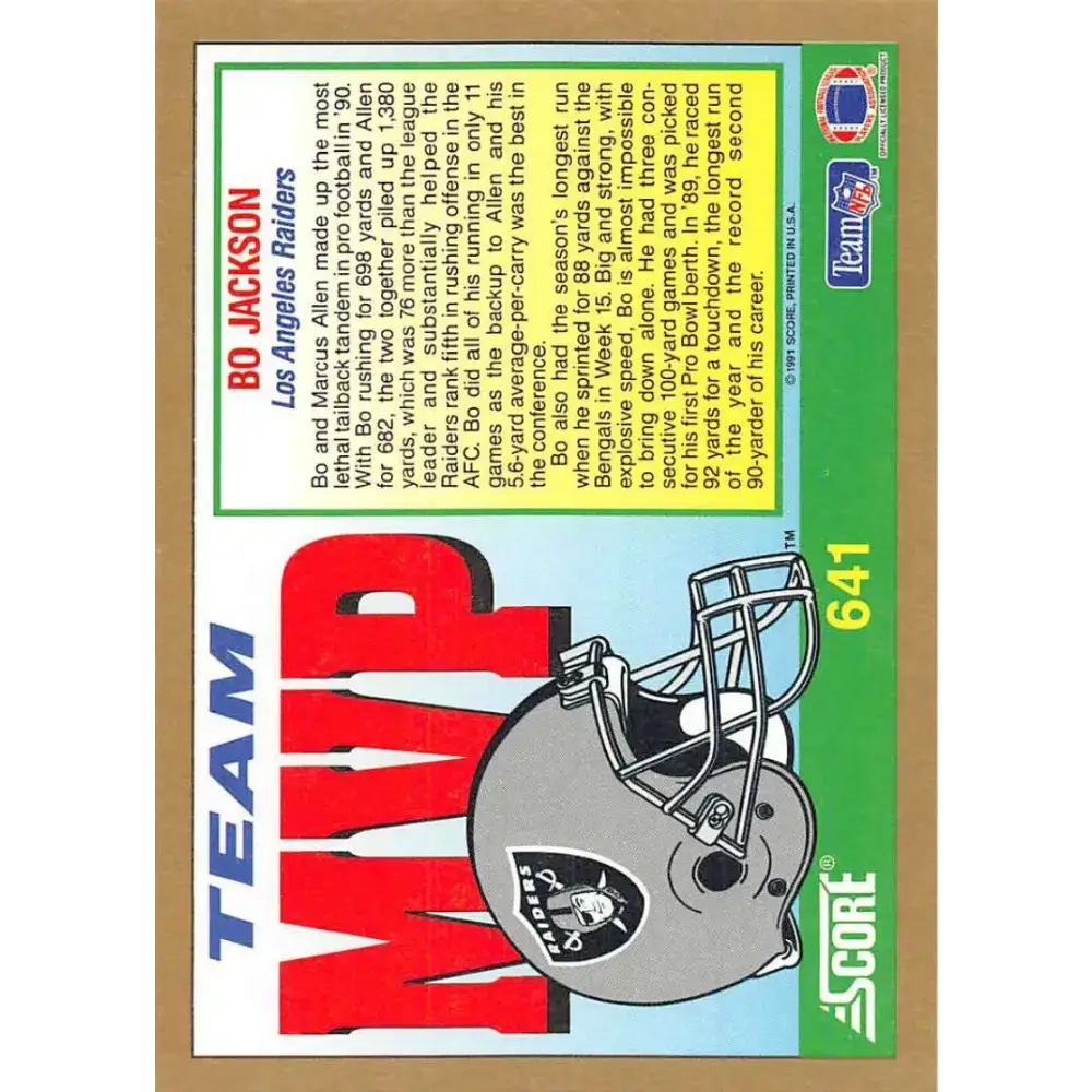 1991 Score #641 Bo Jackson EX Excellent Los Angeles Raiders Football Card