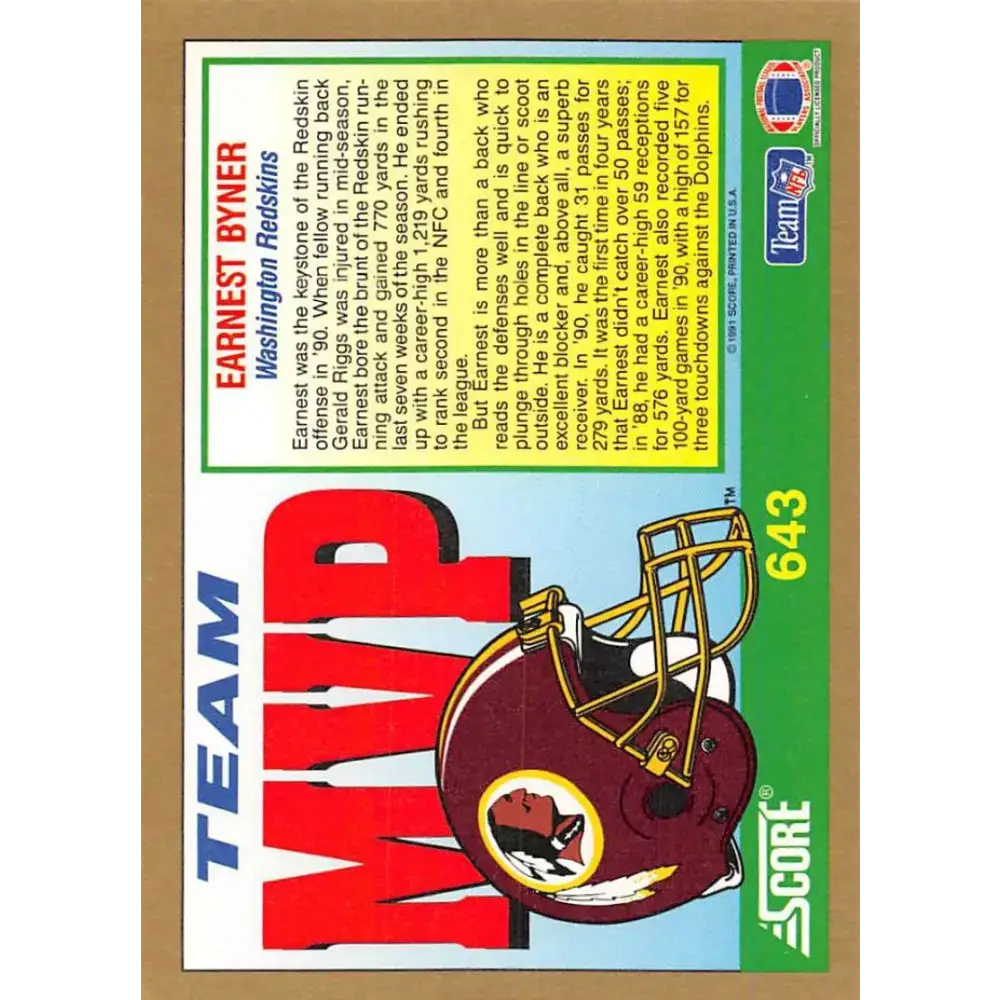 1991 Score #643 Earnest Byner EX Excellent Washington Redskins Football Card
