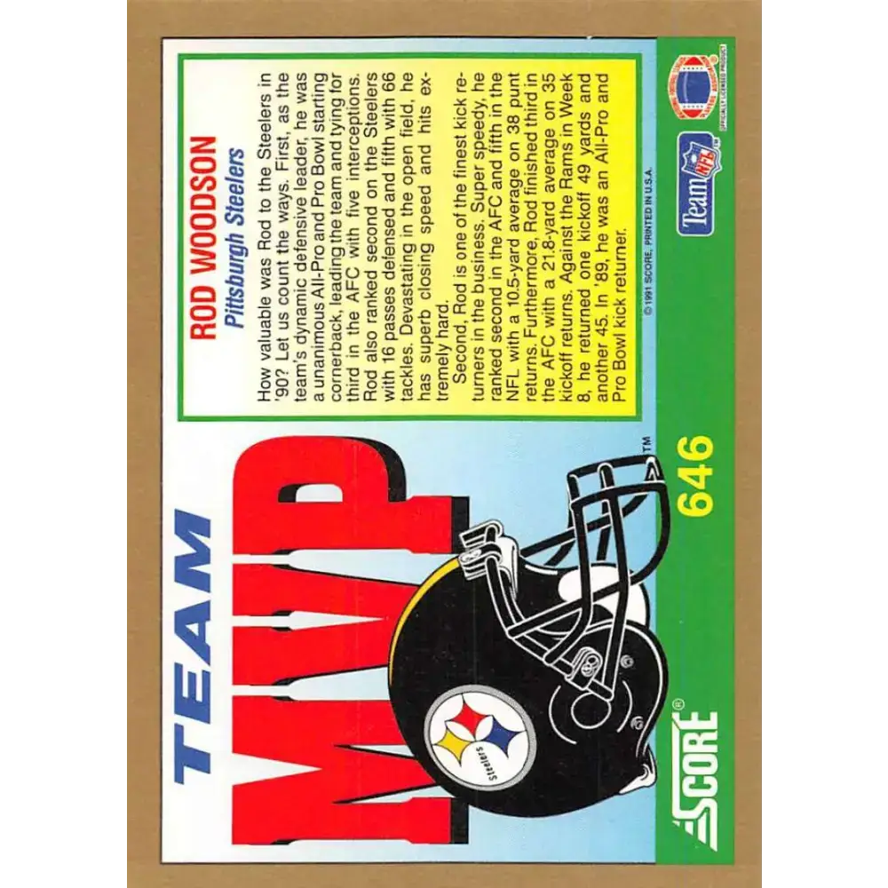1991 Score #646 Rod Woodson EX Excellent Pittsburgh Steelers Football Card - Football Card Single