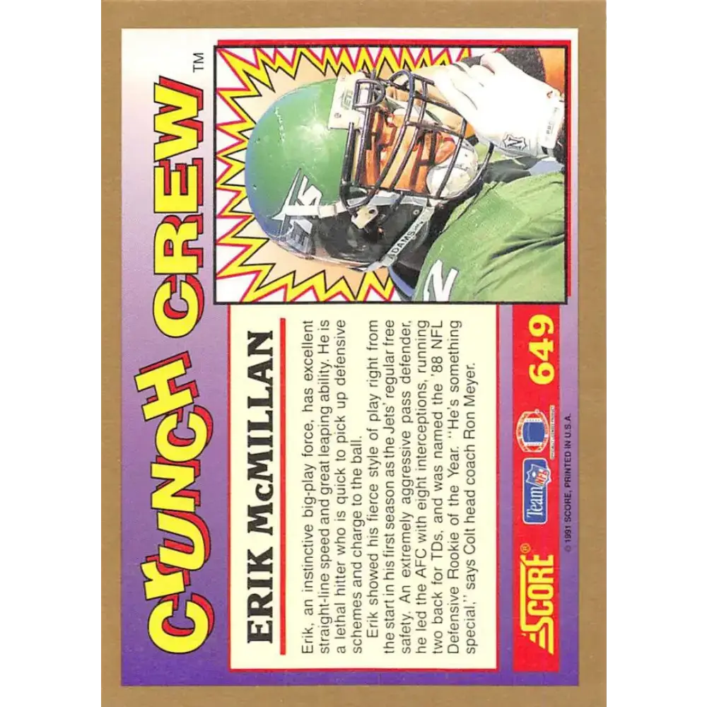 1991 Score #649 Erik McMillan EX Excellent New York Jets Football Card - Football Card Single
