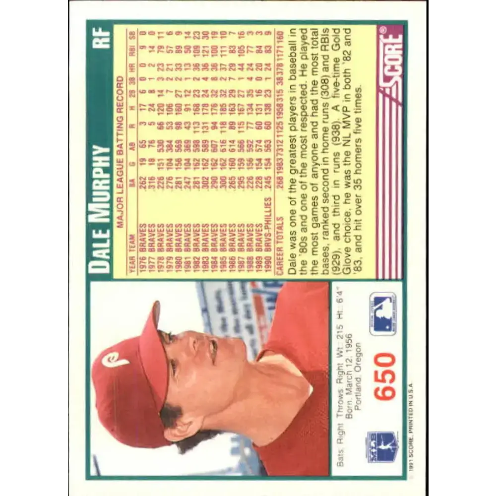 1991 Score #650 Dale Murphy NM-MT Philadelphia Phillies Baseball Card - Baseball Card Single