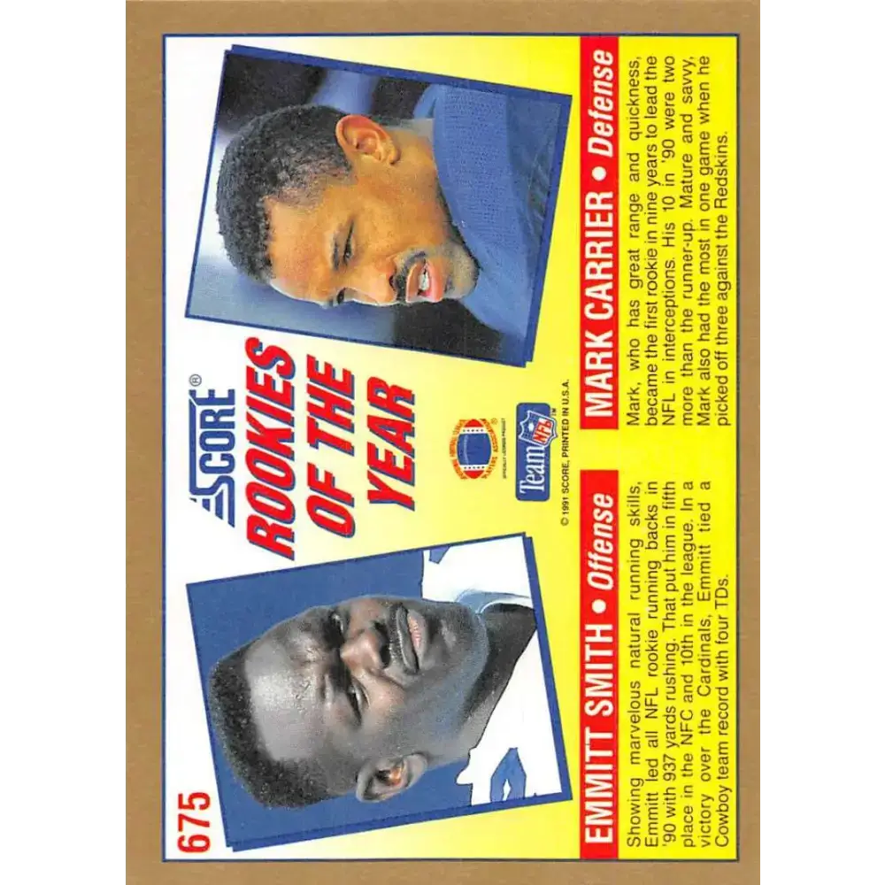 1991 Score #675 Emmitt Smith/Mark Carrier EX Excellent Dallas Cowboys/Chicago Bears Football Card - Football Card Single