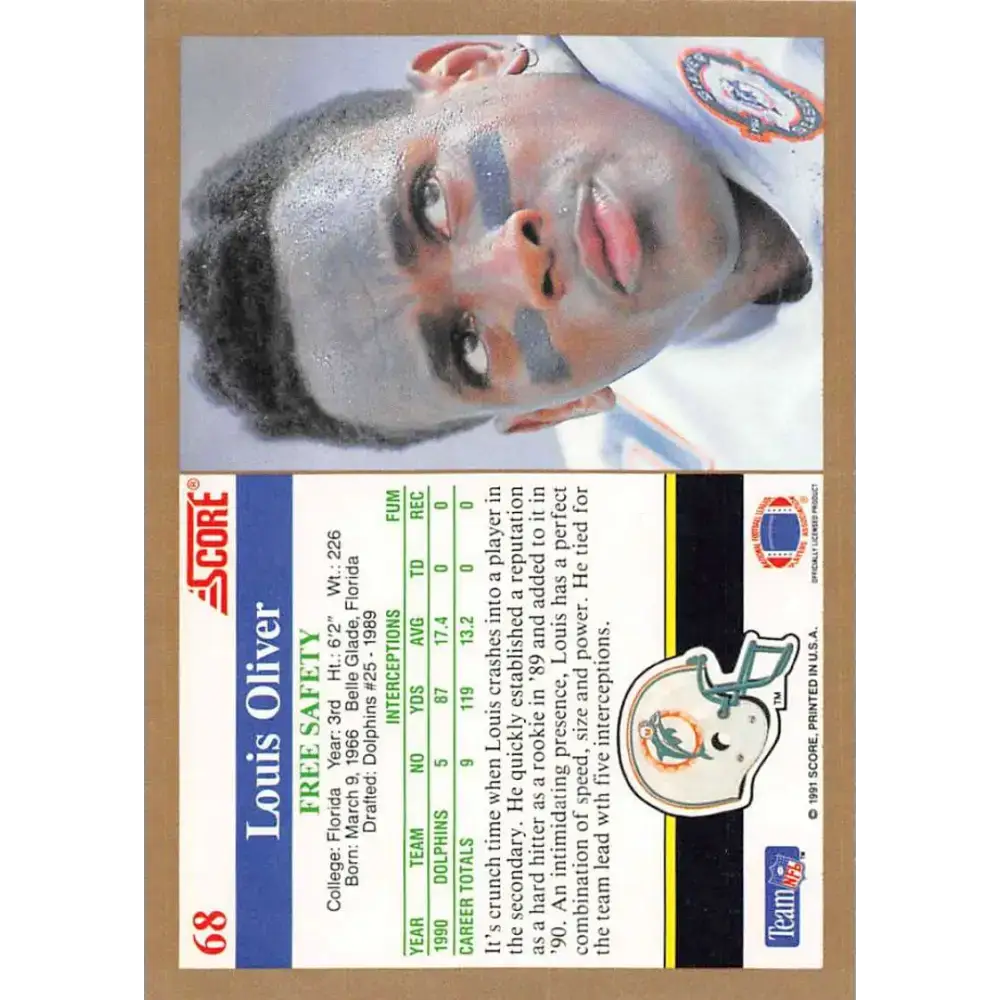 1991 Score #68 Louis Oliver EX Excellent Miami Dolphins Football Card - Football Card Single