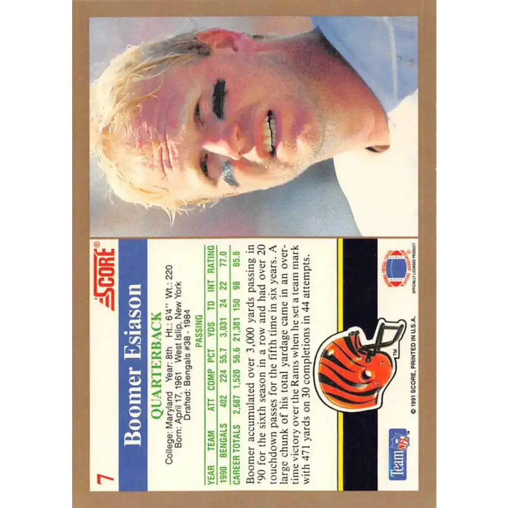 1991 Score #7 Boomer Esiason EX Excellent Cincinnati Bengals Football Card - Football Card Single