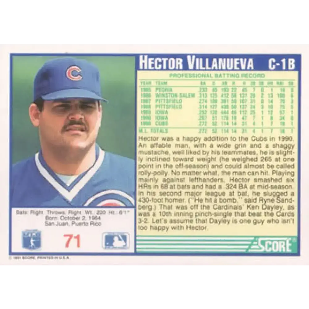 1991 Score #71 Hector Villanueva NM-MT Chicago Cubs Baseball Card - Baseball Card Single