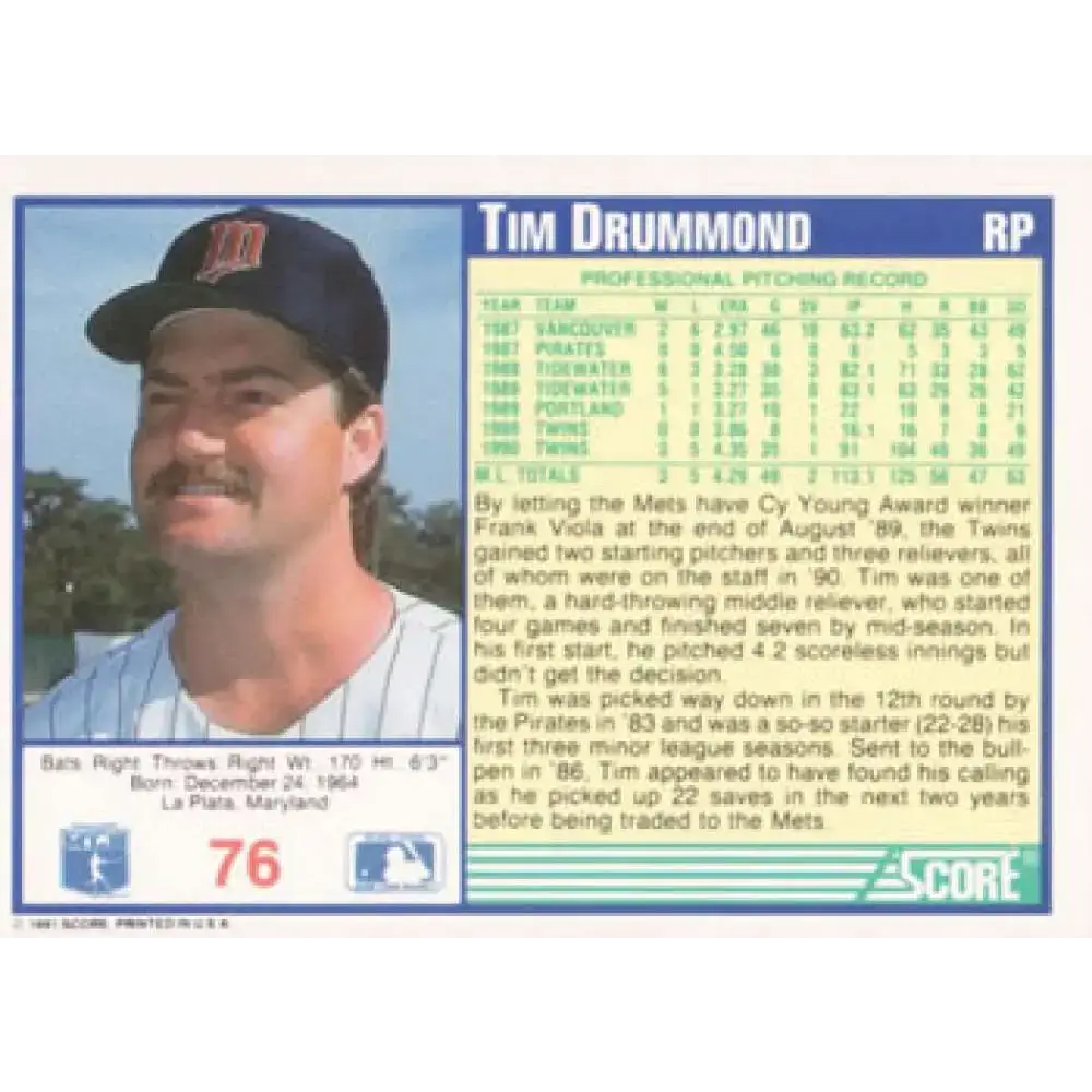 1991 Score #76 Tim Drummond NM-MT Minnesota Twins Baseball Card - Baseball Card Single