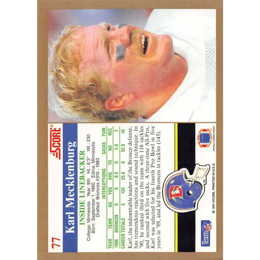 1991 Score #77 Karl Mecklenburg EX Excellent Denver Broncos Football Card - Football Card Single